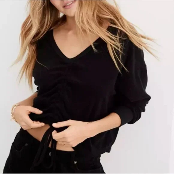 Aerie Towel Terry Cloth Cinched Reversable Sweatshirt in Black - Large - Picture 2 of 14